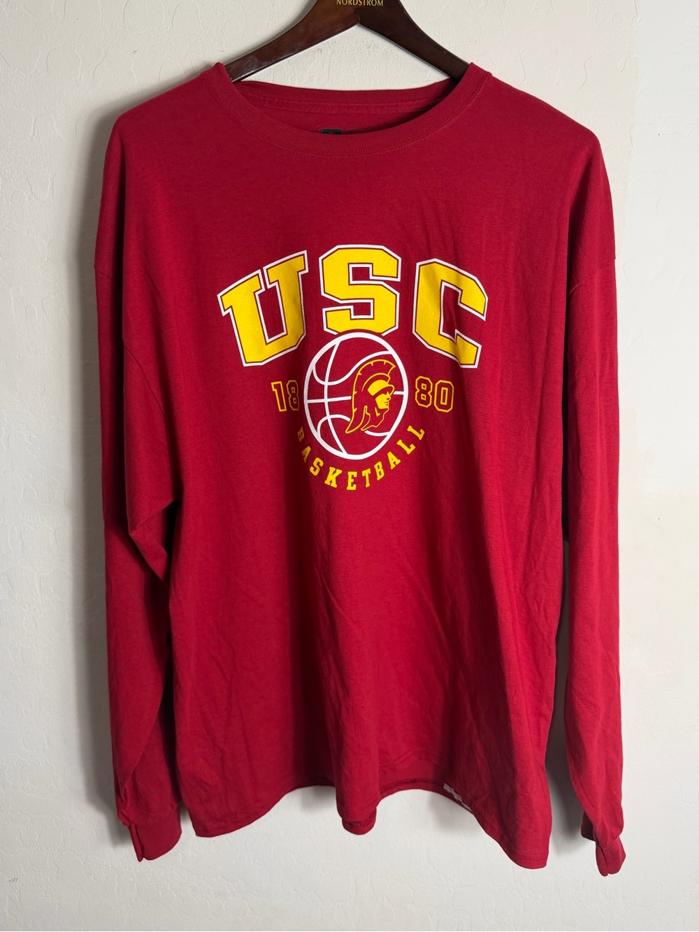 Russell Athletic Red Long-Sleeve USC Basketball Tee with Yellow Logo